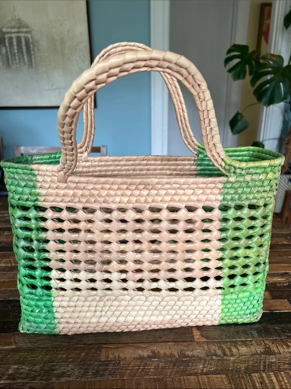 Handwoven Neutral & Green Straw Tote with Pink Accent